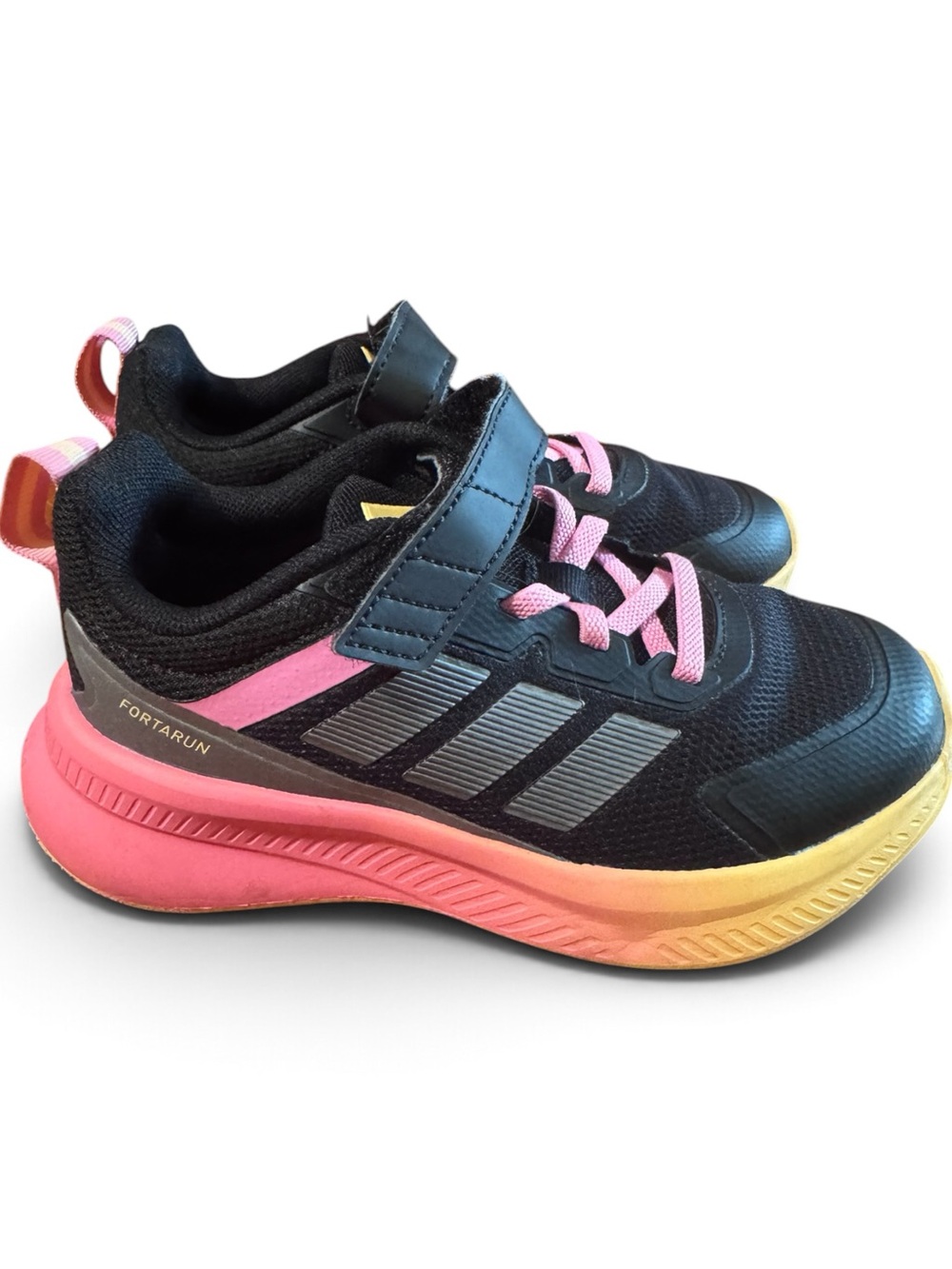 adidas Kids Black Sneakers with Pink and Yellow Gradient Sole